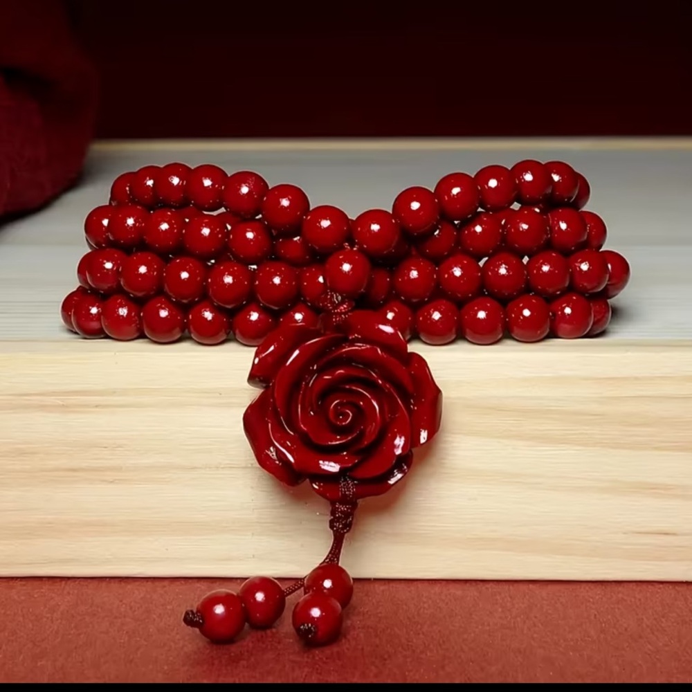 Elegant Red Beaded Necklace with Rose Charm